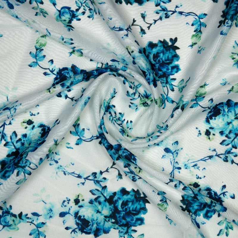 White Floral Digital Print Muslin Fabric - Fabcurate