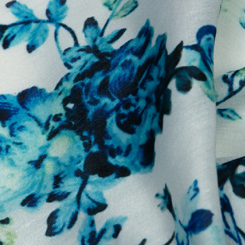 White Floral Digital Print Muslin Fabric - Fabcurate