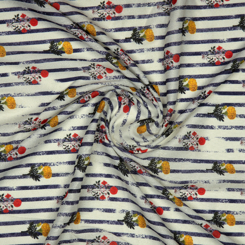 Cream Floral And Stripea Digital Print Muslin Fabric - Fabcurate