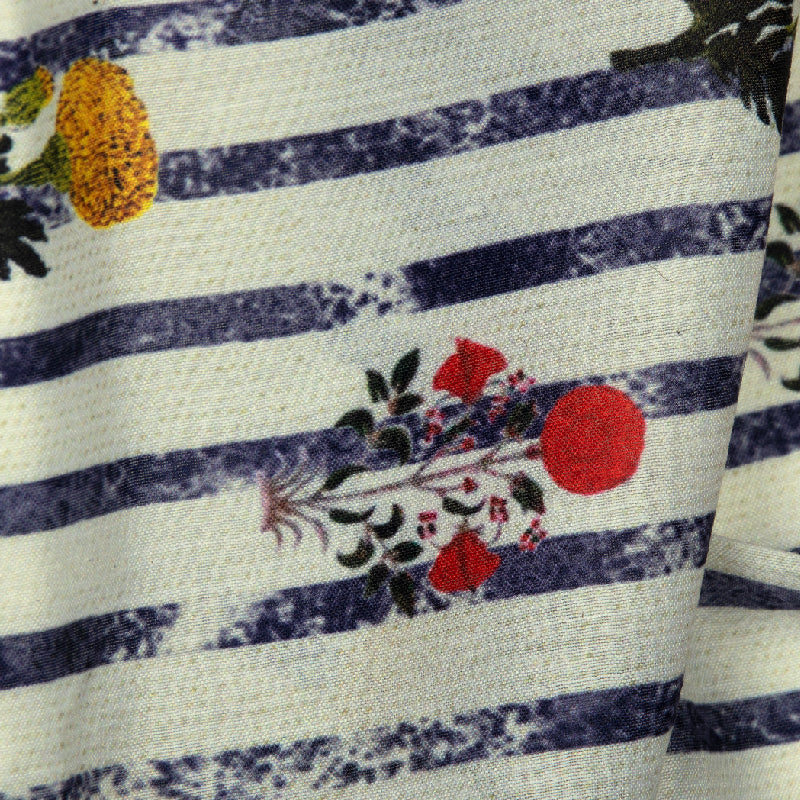 Cream Floral And Stripea Digital Print Muslin Fabric - Fabcurate