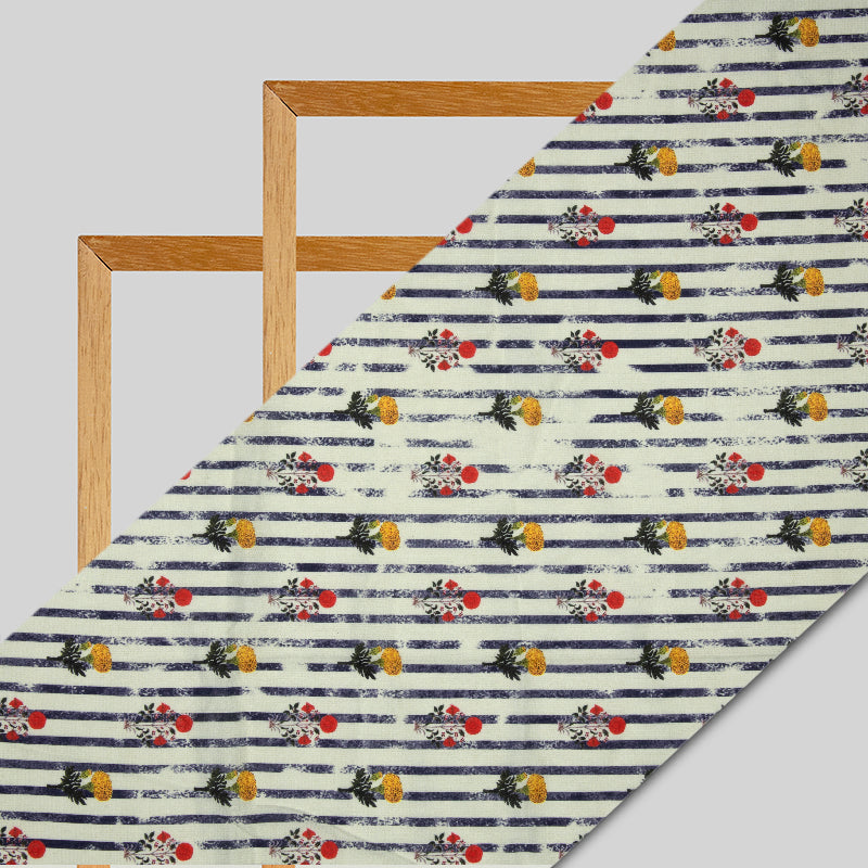 Cream Floral And Stripea Digital Print Muslin Fabric - Fabcurate