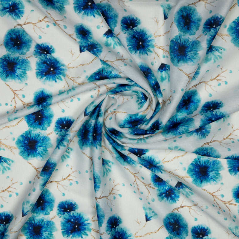 Royal Blue Floral Digital Print Muslin Fabric - Fabcurate