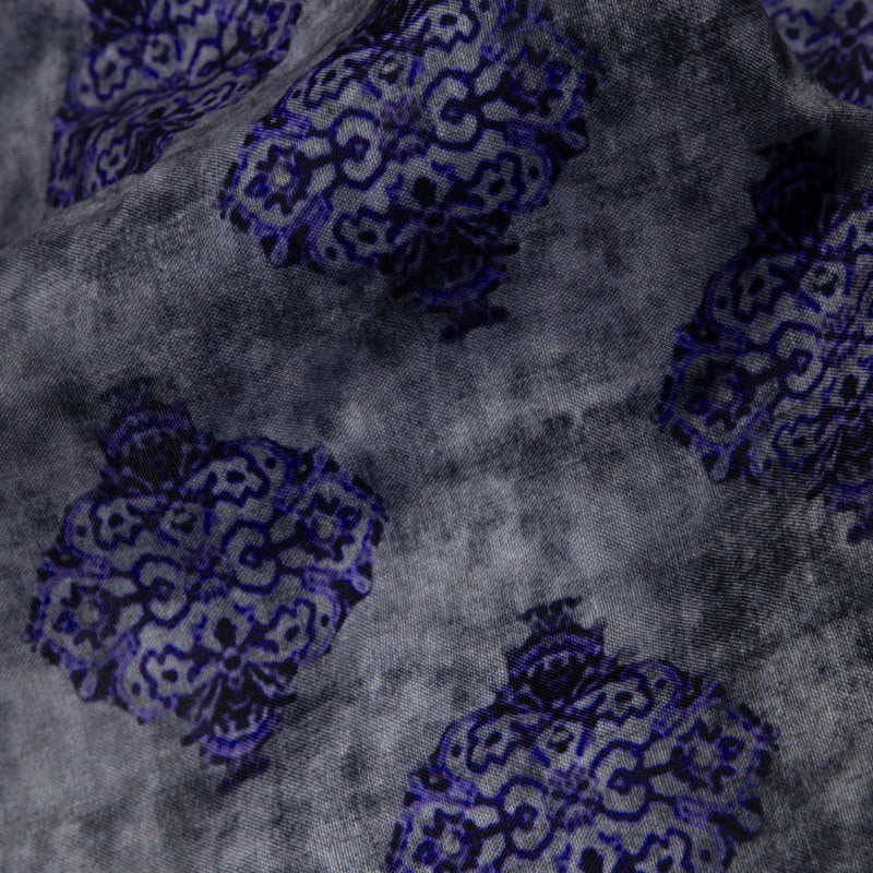 Purple And Grey Ethnic Digital Print Muslin Fabric - Fabcurate