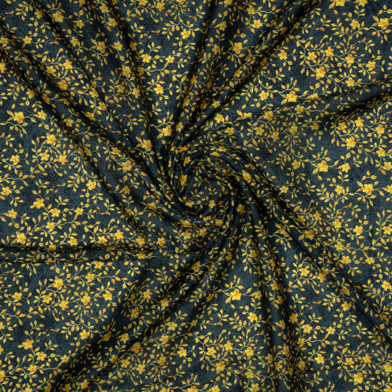 Yellow And Dark Grey Floral Digital Print Muslin Fabric - Fabcurate