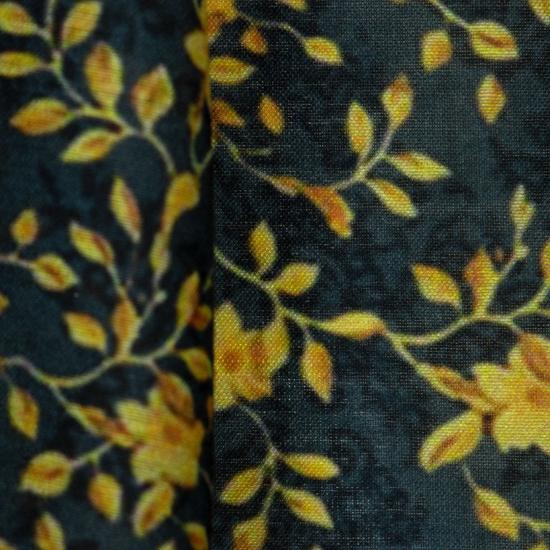 Yellow And Dark Grey Floral Digital Print Muslin Fabric - Fabcurate