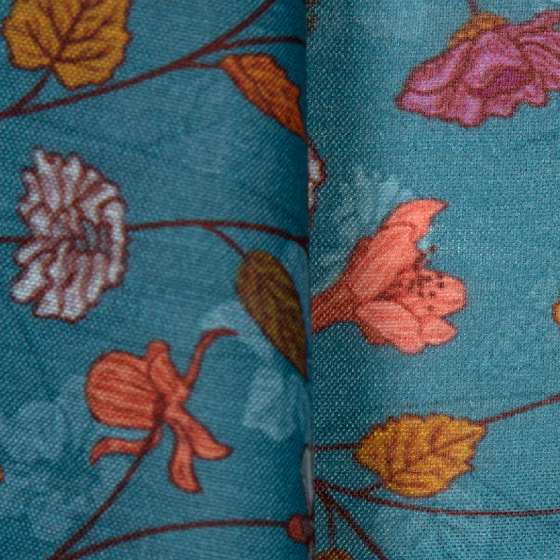 Grey Blue Floral Digital Print Muslin Fabric - Fabcurate