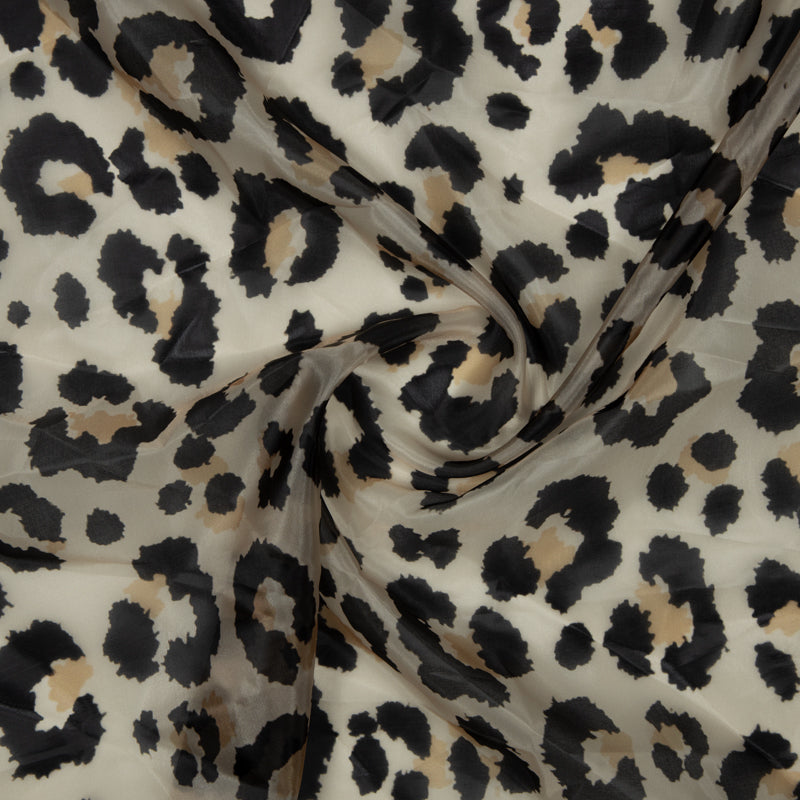 Beige And Black Animal Digital Print Premium Organza Fabric - Fabcurate