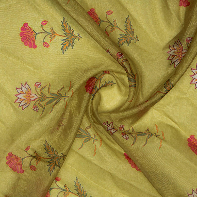 Beige Leaf Digital Print Muslin Fabric - Fabcurate