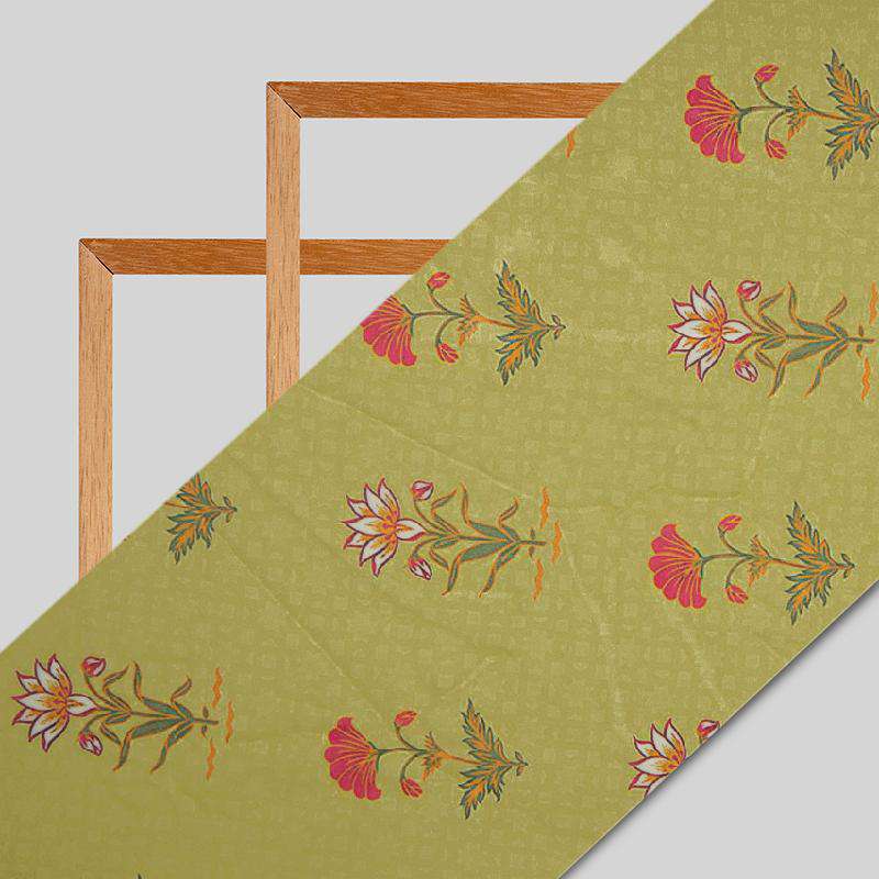 Beige Leaf Digital Print Muslin Fabric - Fabcurate