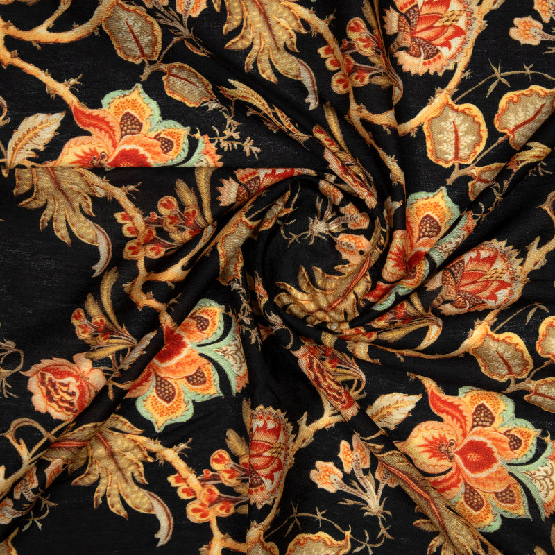 Black Floral Digital Print Muslin Fabric - Fabcurate