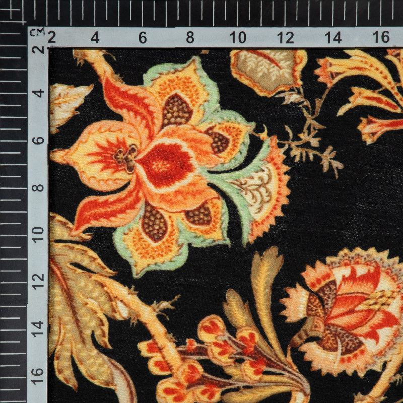 Black Floral Digital Print Muslin Fabric - Fabcurate