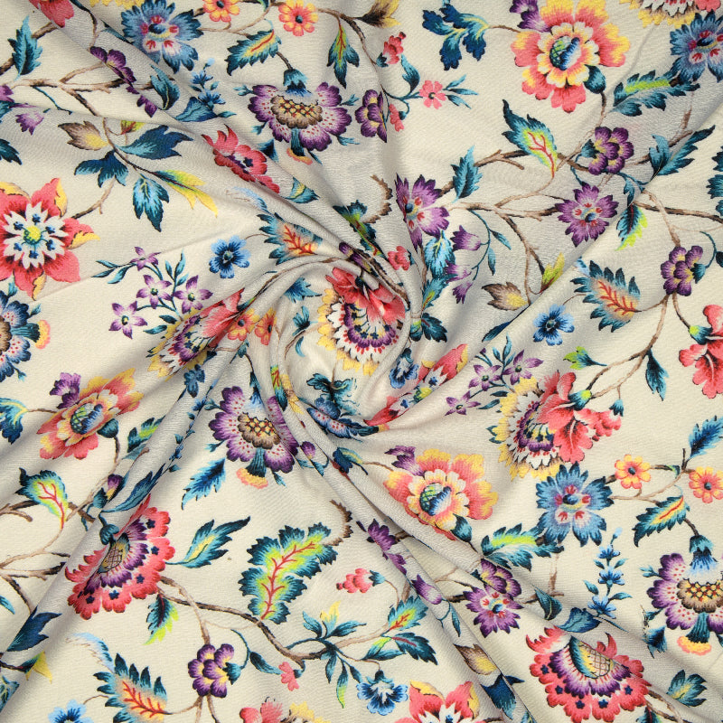 Cream Floral Digital Print Muslin Fabric