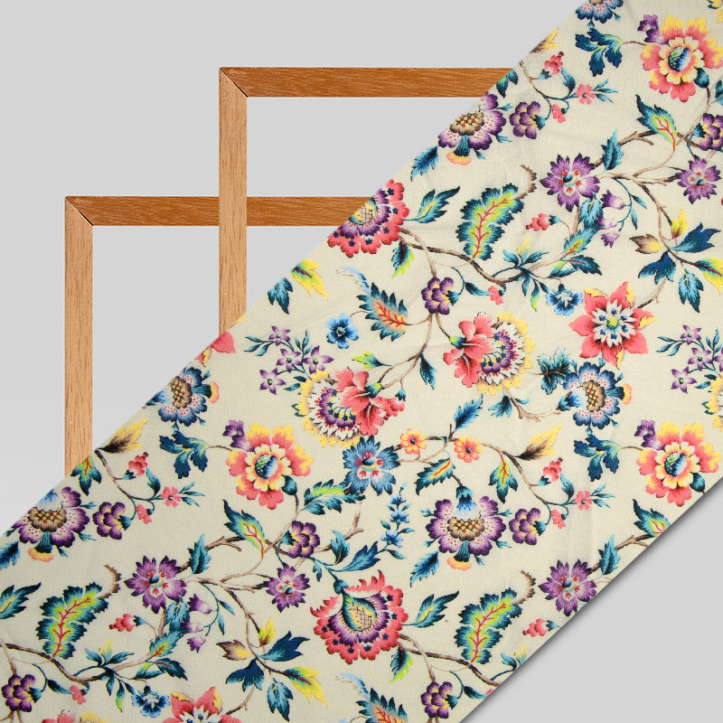 Cream Floral Digital Print Muslin Fabric