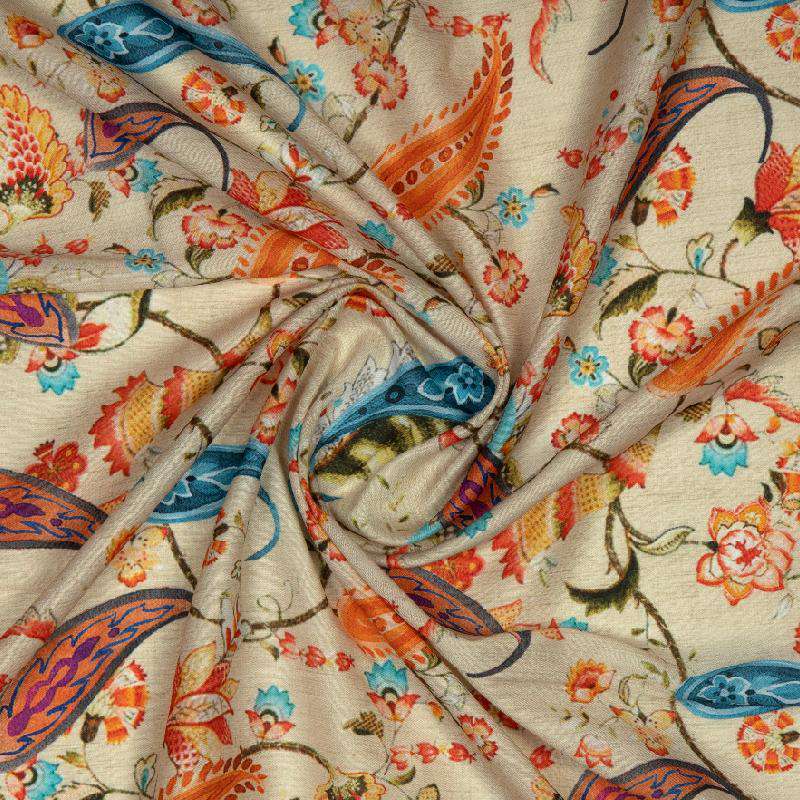 Pastel Orange Paisely Digital Print Muslin Fabric - Fabcurate