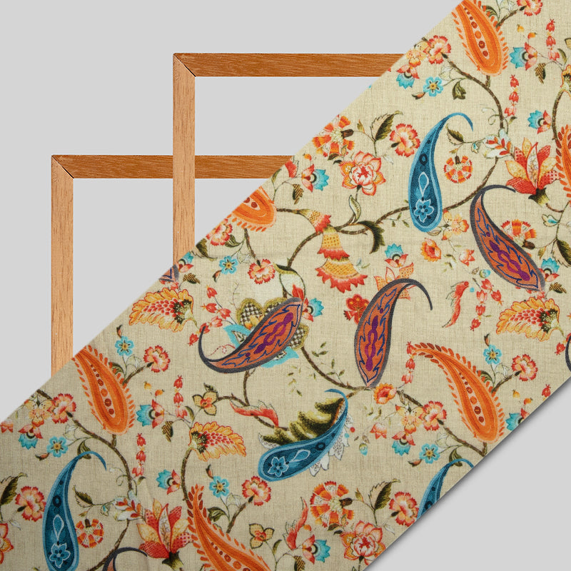 Pastel Orange Paisely Digital Print Muslin Fabric - Fabcurate