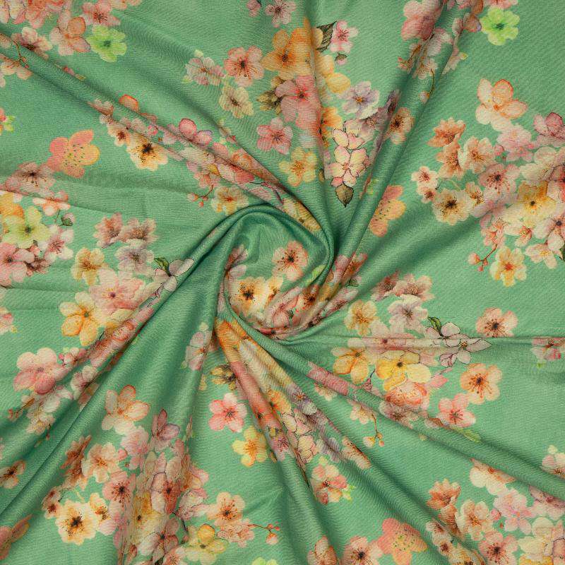 Pastel Green Floral Digital Print Muslin Fabric - Fabcurate