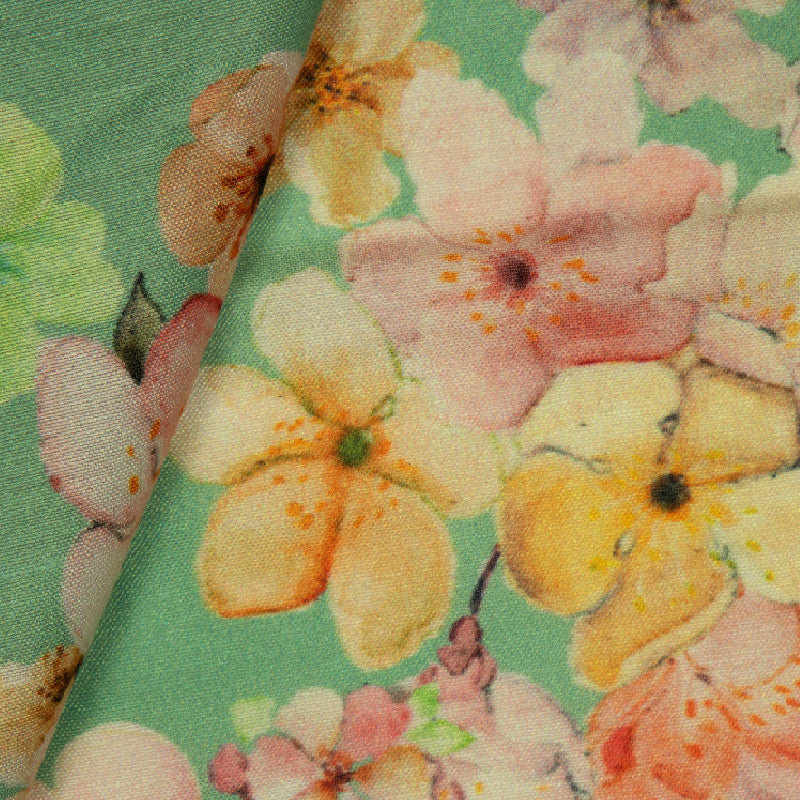 Pastel Green Floral Digital Print Muslin Fabric - Fabcurate
