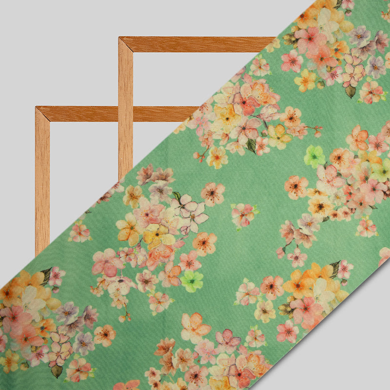 Pastel Green Floral Digital Print Muslin Fabric - Fabcurate