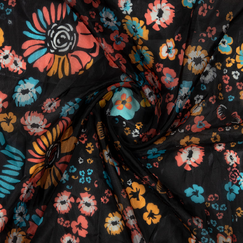 Black Floral Digital Print Premium Organza Fabric - Fabcurate
