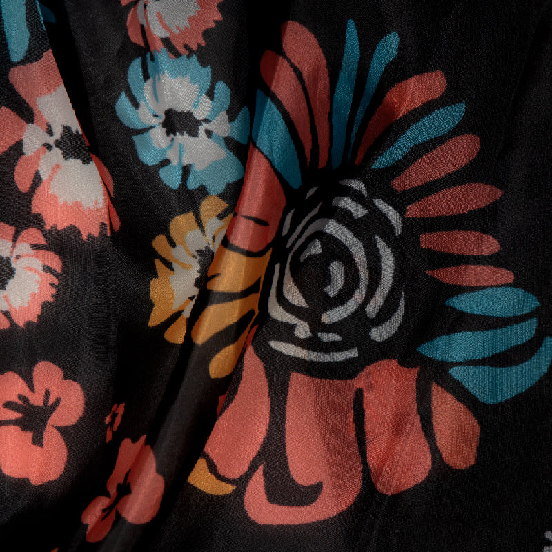 Black Floral Digital Print Premium Organza Fabric - Fabcurate