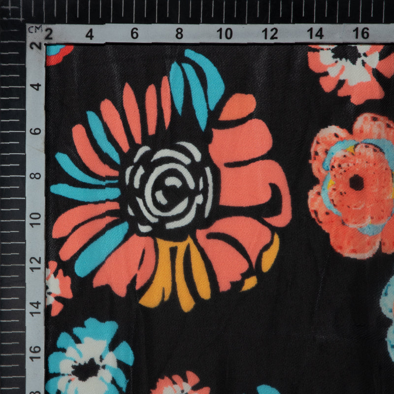 Black Floral Digital Print Premium Organza Fabric - Fabcurate