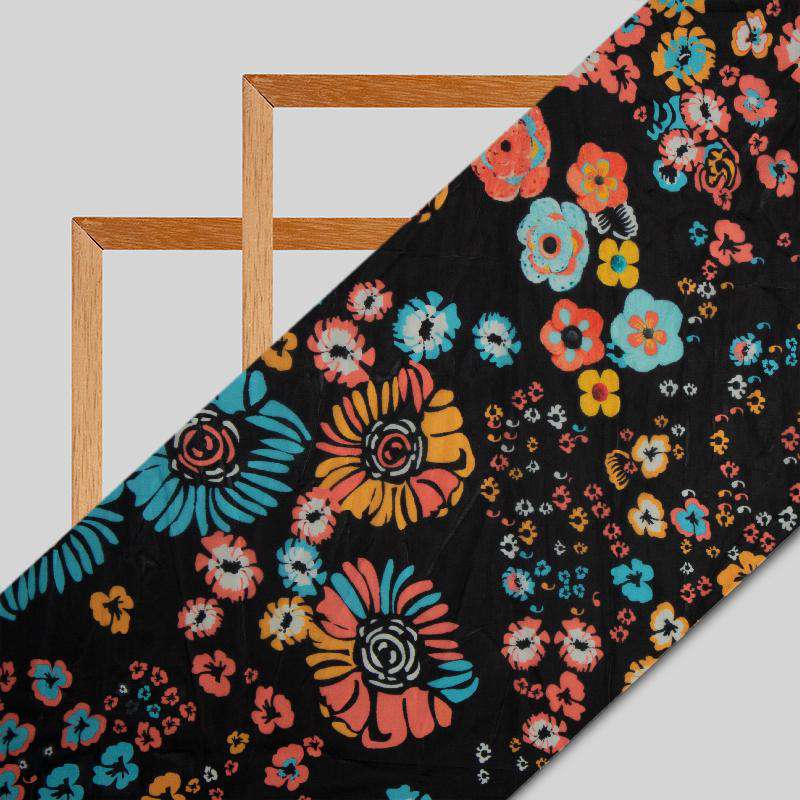 Black Floral Digital Print Premium Organza Fabric - Fabcurate