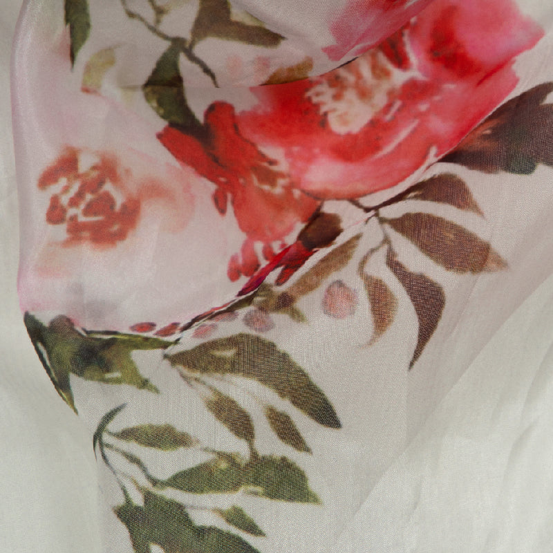 Cream Floral Digital Print Premium Organza Fabric - Fabcurate