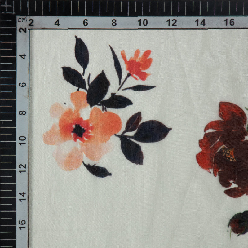 Cream Floral Digital Print Premium Organza Fabric - Fabcurate
