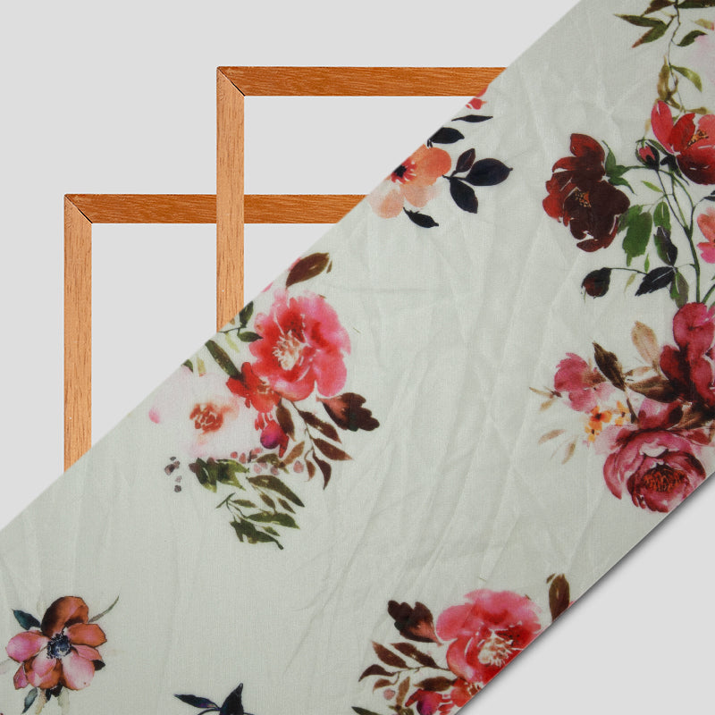 Cream Floral Digital Print Premium Organza Fabric - Fabcurate