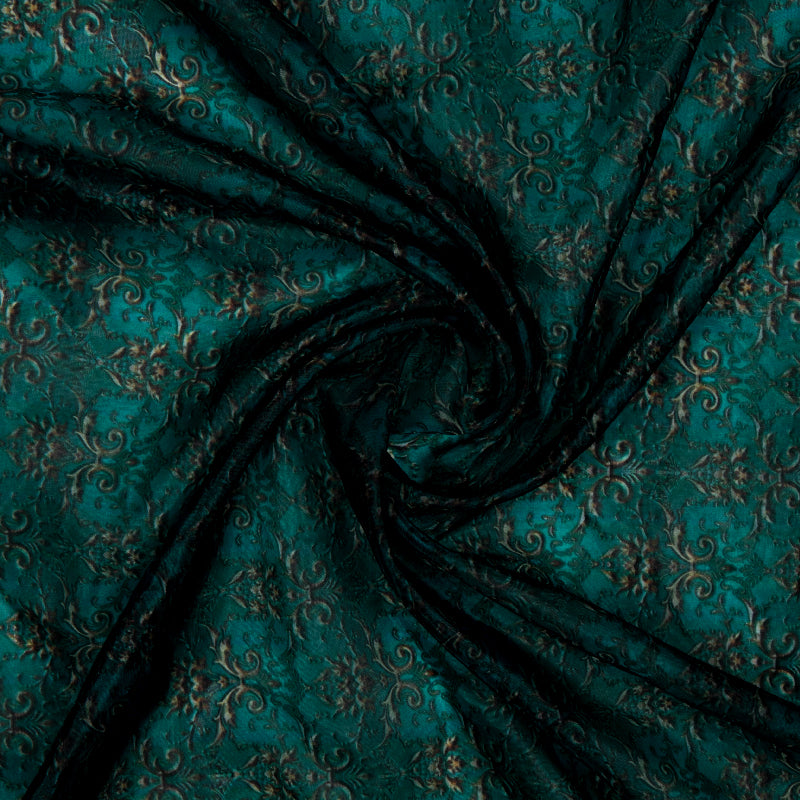 Turquoise Ethnic Digital Print Organza Satin Fabric