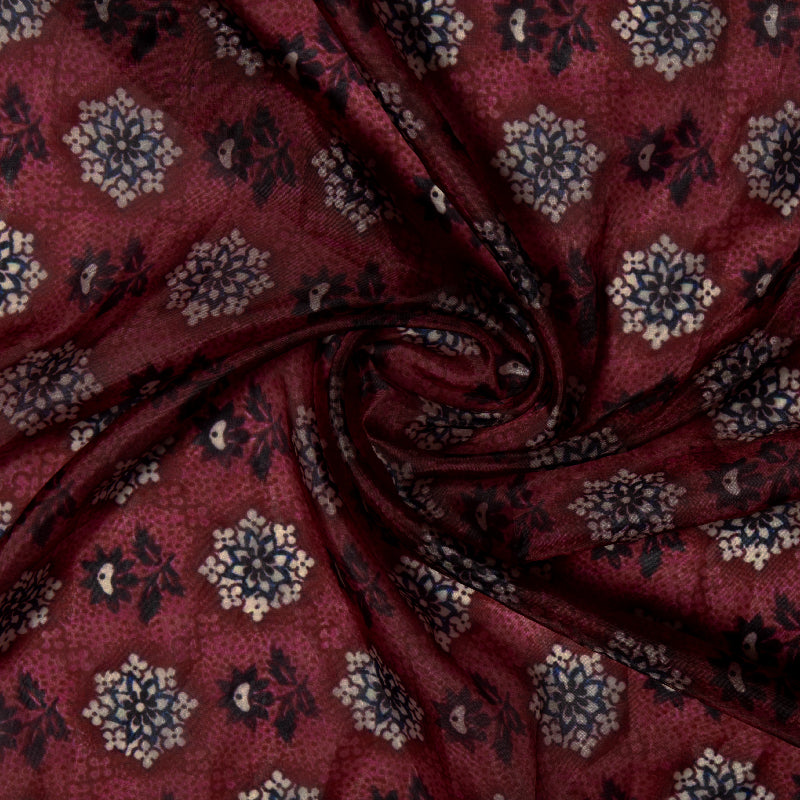 Maroon Ethnic Digital Print Premium Organza Fabric - Fabcurate