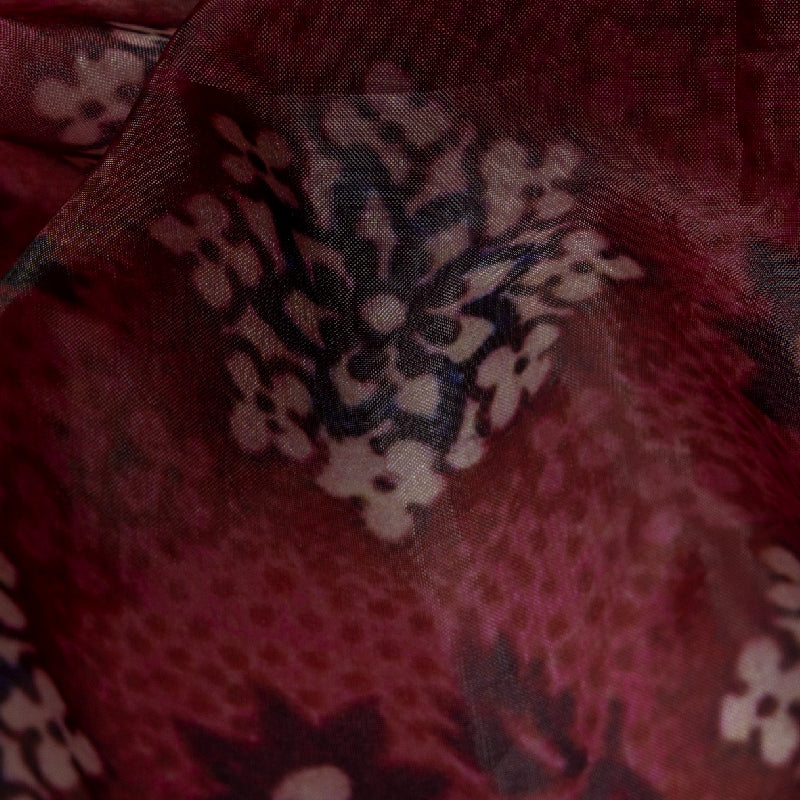 Maroon Ethnic Digital Print Premium Organza Fabric - Fabcurate