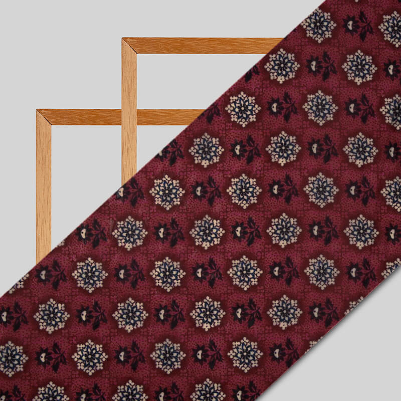 Maroon Ethnic Digital Print Premium Organza Fabric - Fabcurate