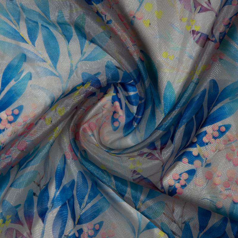 Pastel Blue Leaf Digital Print Premium Organza Fabric - Fabcurate