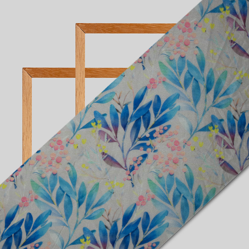 Pastel Blue Leaf Digital Print Premium Organza Fabric - Fabcurate