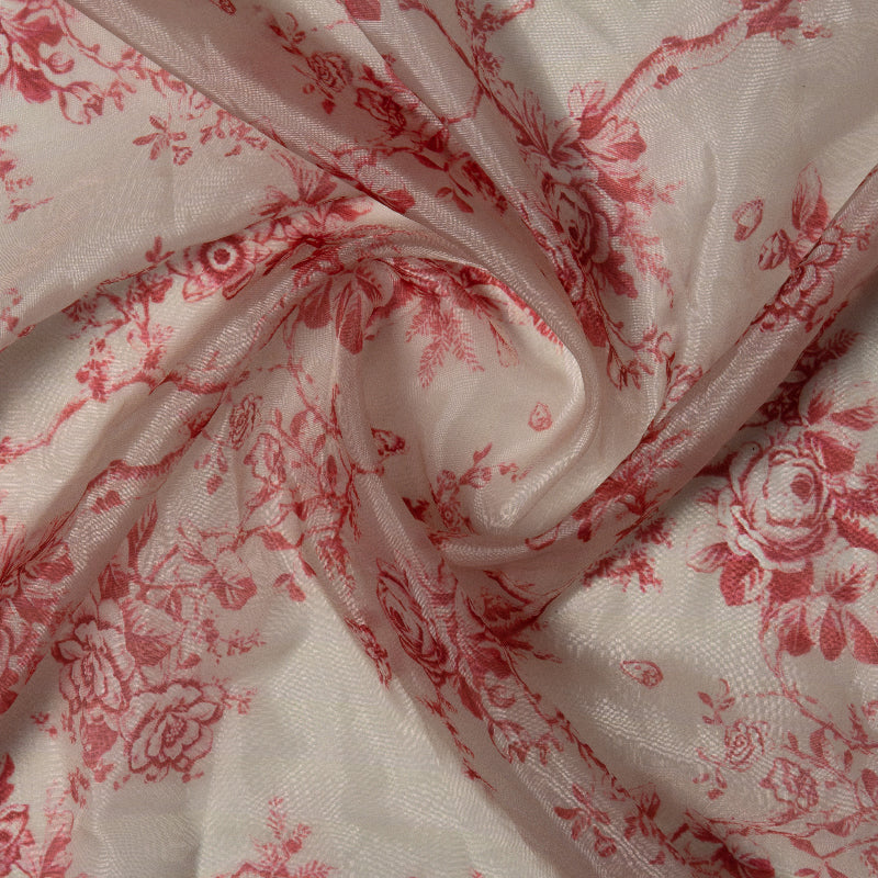 Red Floral Digital Print Premium Organza Fabric - Fabcurate