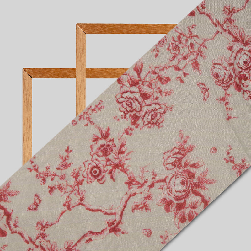 Red Floral Digital Print Premium Organza Fabric - Fabcurate