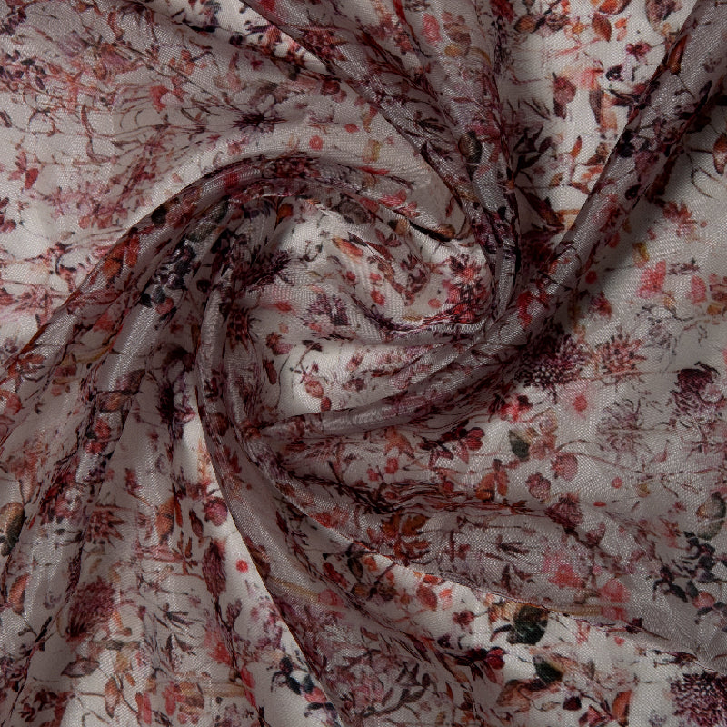 Off White Floral Digital Print Premium Organza Fabric - Fabcurate