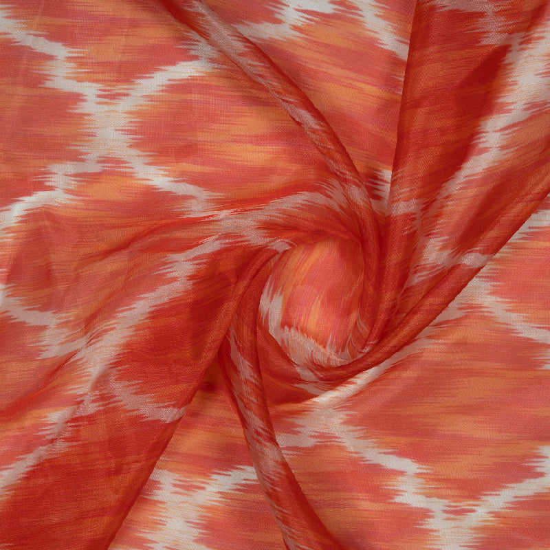 Pastel Orange Ikat Pattern Digital Print Premium Organza Fabric - Fabcurate