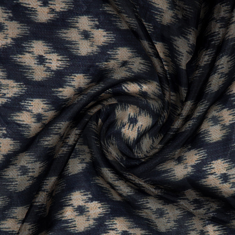 Navy Blue Ikat Pattern Digital Print Premium Organza Fabric - Fabcurate