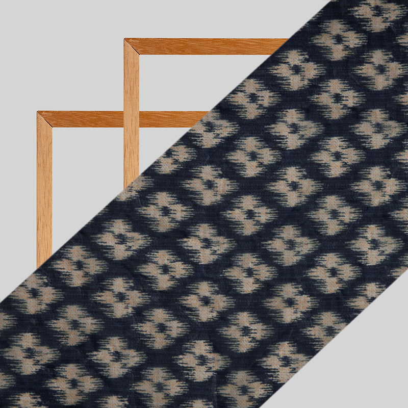 Navy Blue Ikat Pattern Digital Print Premium Organza Fabric - Fabcurate