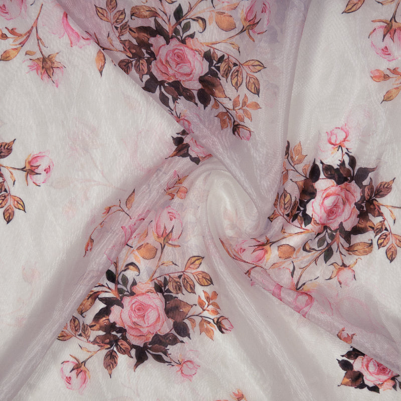 White Mughal Floral Digital Print Premium Organza Fabric - Fabcurate