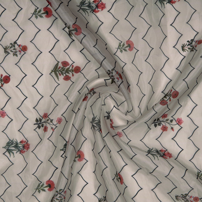 Beige Floral Chevron Digital Print Premium Organza Fabric - Fabcurate