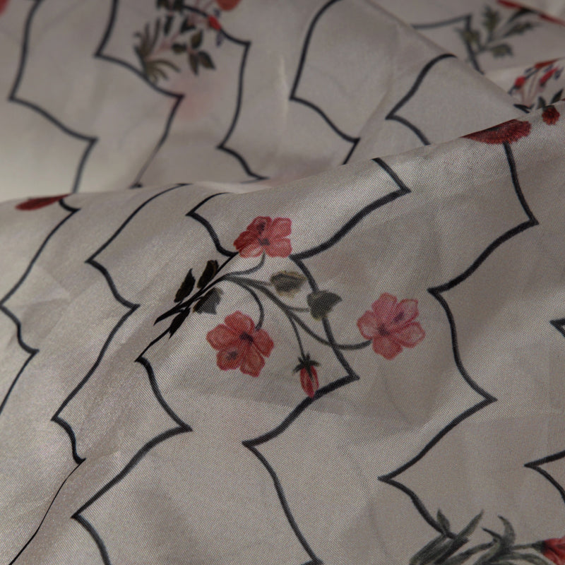 Beige Floral Chevron Digital Print Premium Organza Fabric - Fabcurate