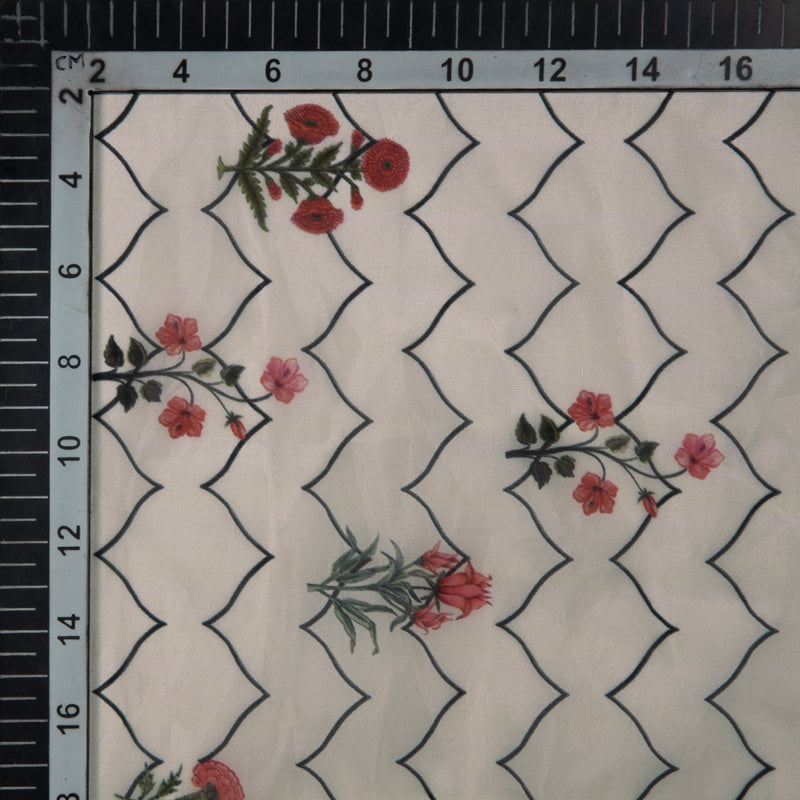 Beige Floral Chevron Digital Print Premium Organza Fabric - Fabcurate