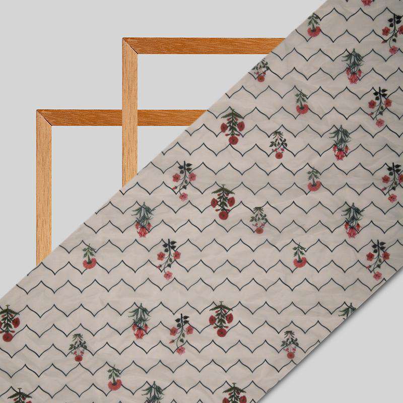 Beige Floral Chevron Digital Print Premium Organza Fabric - Fabcurate