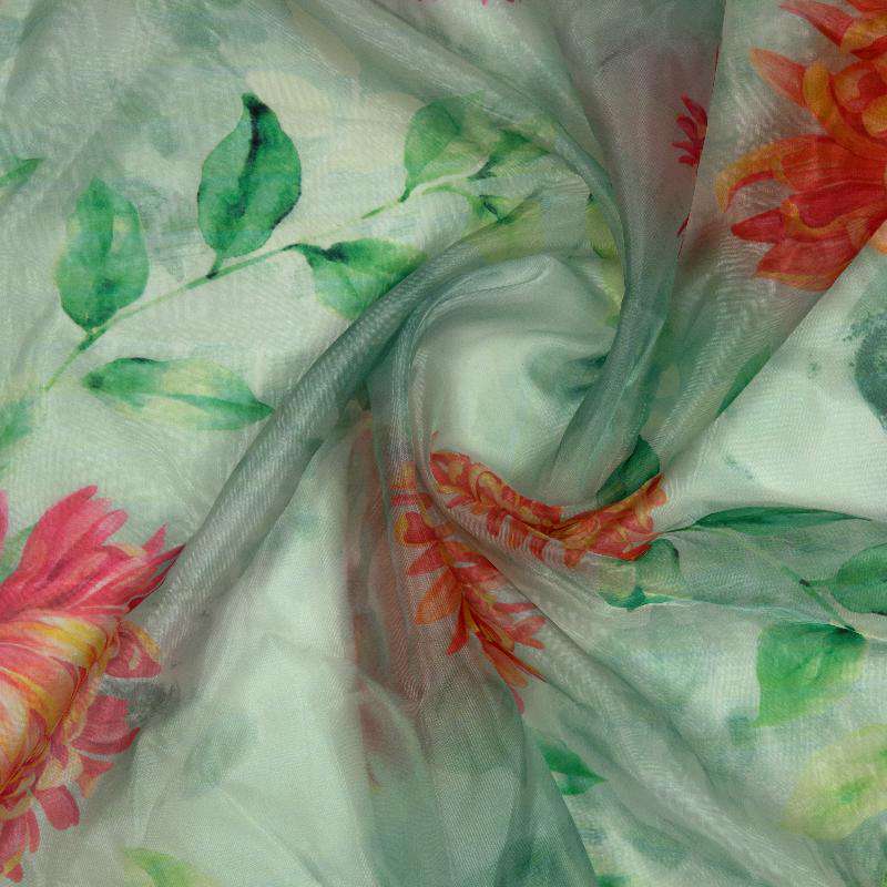 Green Floral Digital Print Premium Organza Fabric - Fabcurate