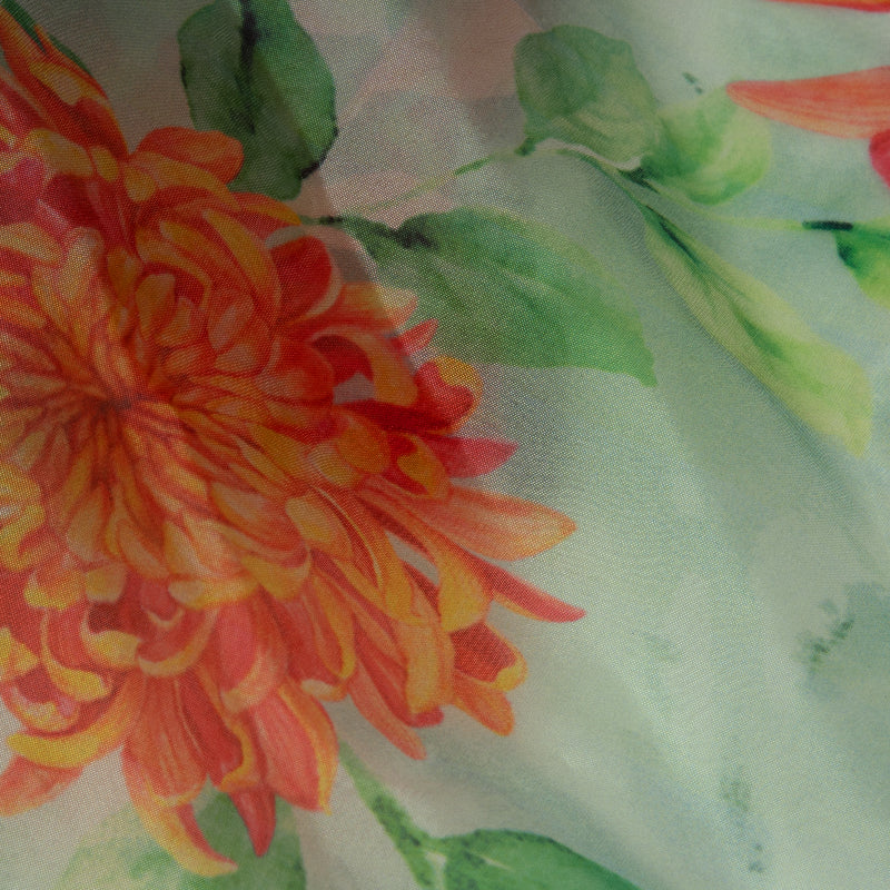 Green Floral Digital Print Premium Organza Fabric - Fabcurate