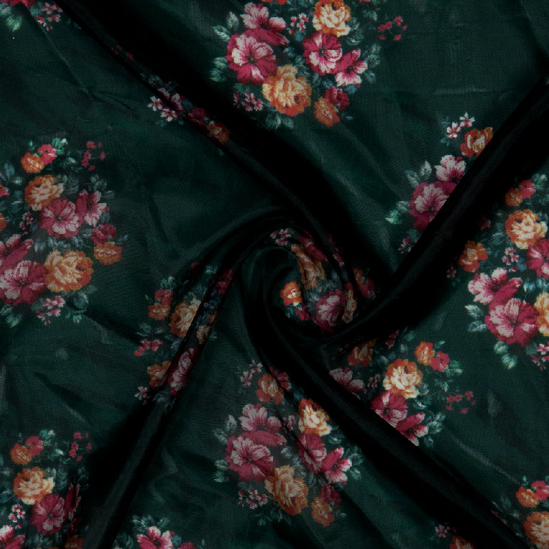 Bottle Green Floral Digital Print Premium Organza Fabric - Fabcurate