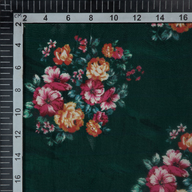 Bottle Green Floral Digital Print Premium Organza Fabric - Fabcurate